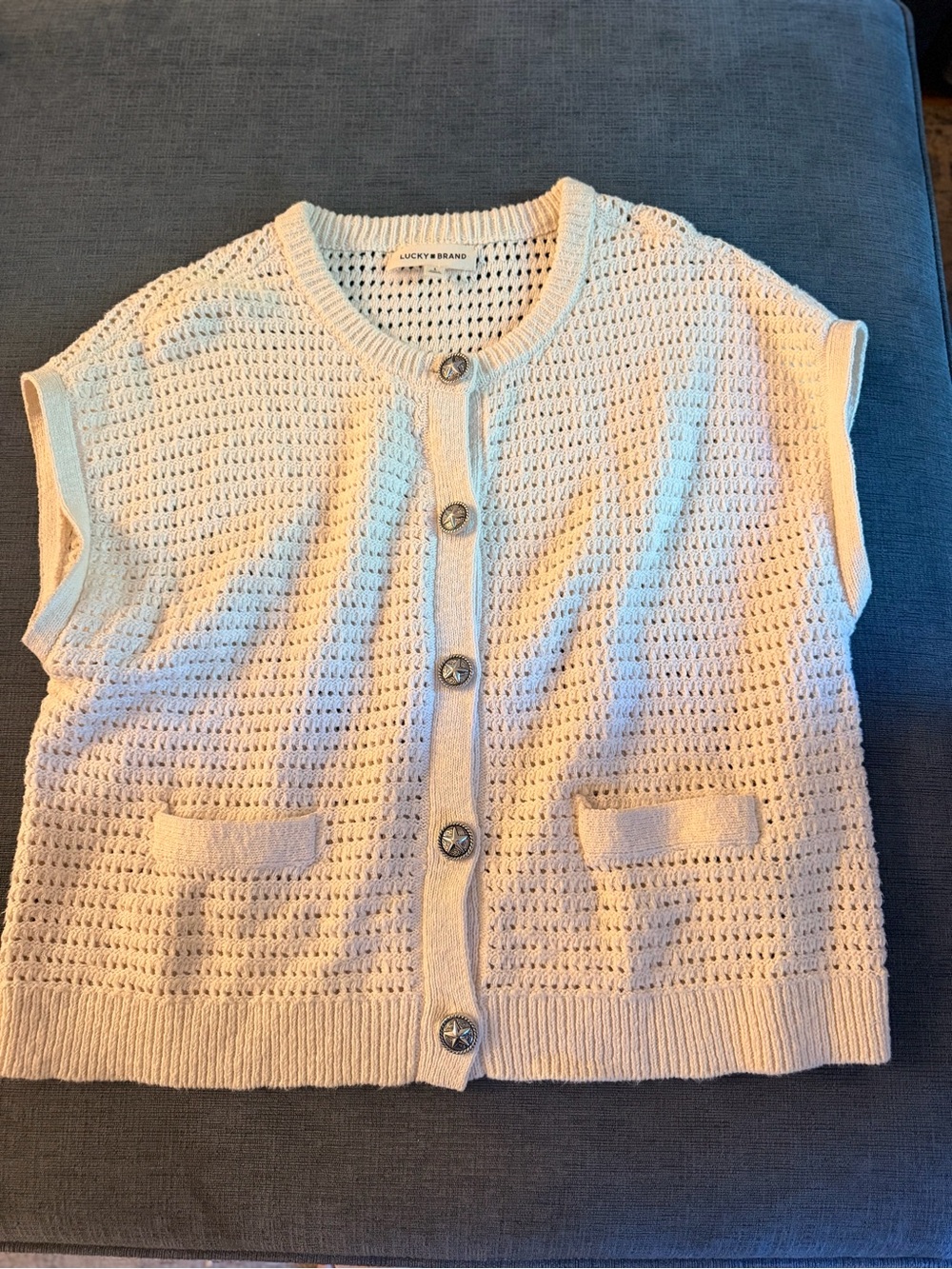 Lucky Brand Cream Crochet Button-Front Sweater Vest